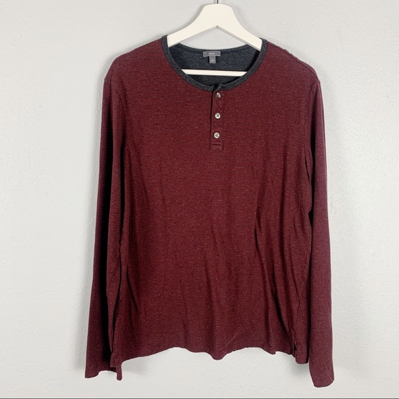Vince Pima Cotton Red & Grey Striped Long Sleeve Henley Top